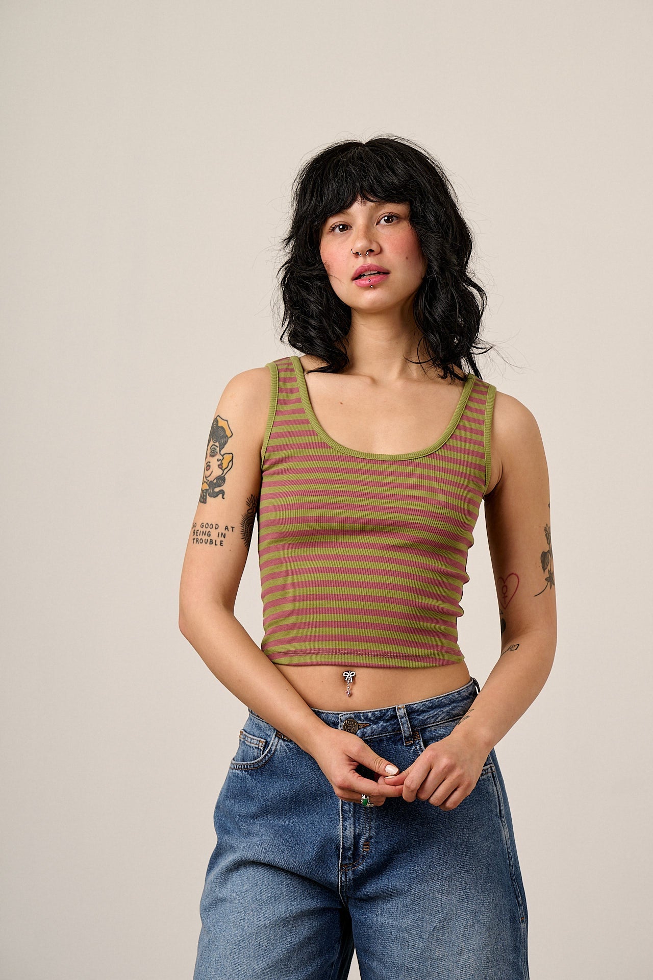 Eden - Cotton Ribbed Vest in Green & Red Stripe