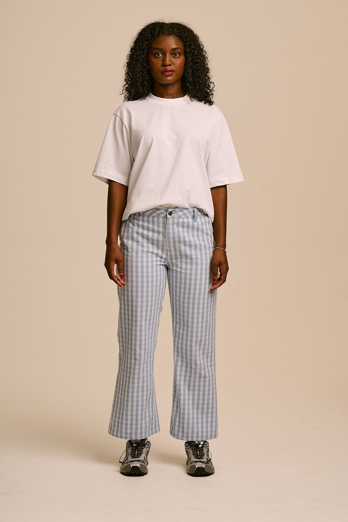 Ellis - Cotton Kickflare Trousers in Blue Gingham