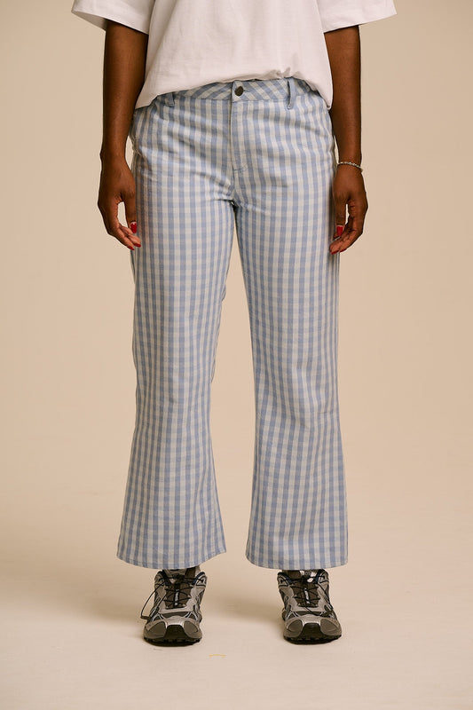 Ellis Kick Flare Trousers - Organic Cotton in Blue Gingham