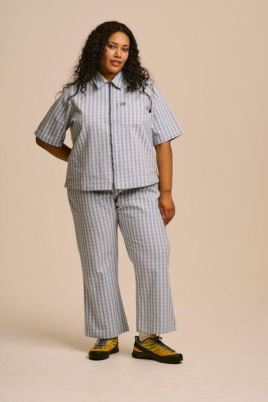 Elio Zip Through Shirt - Organic Cotton in Blue Gingham