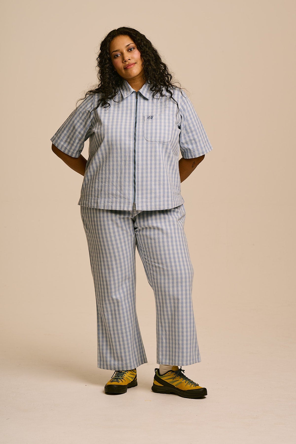 Ellis - Cotton Kickflare Trousers in Blue Gingham