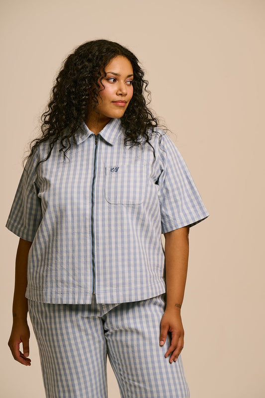 Elio Zip Through Shirt - Organic Cotton in Blue Gingham