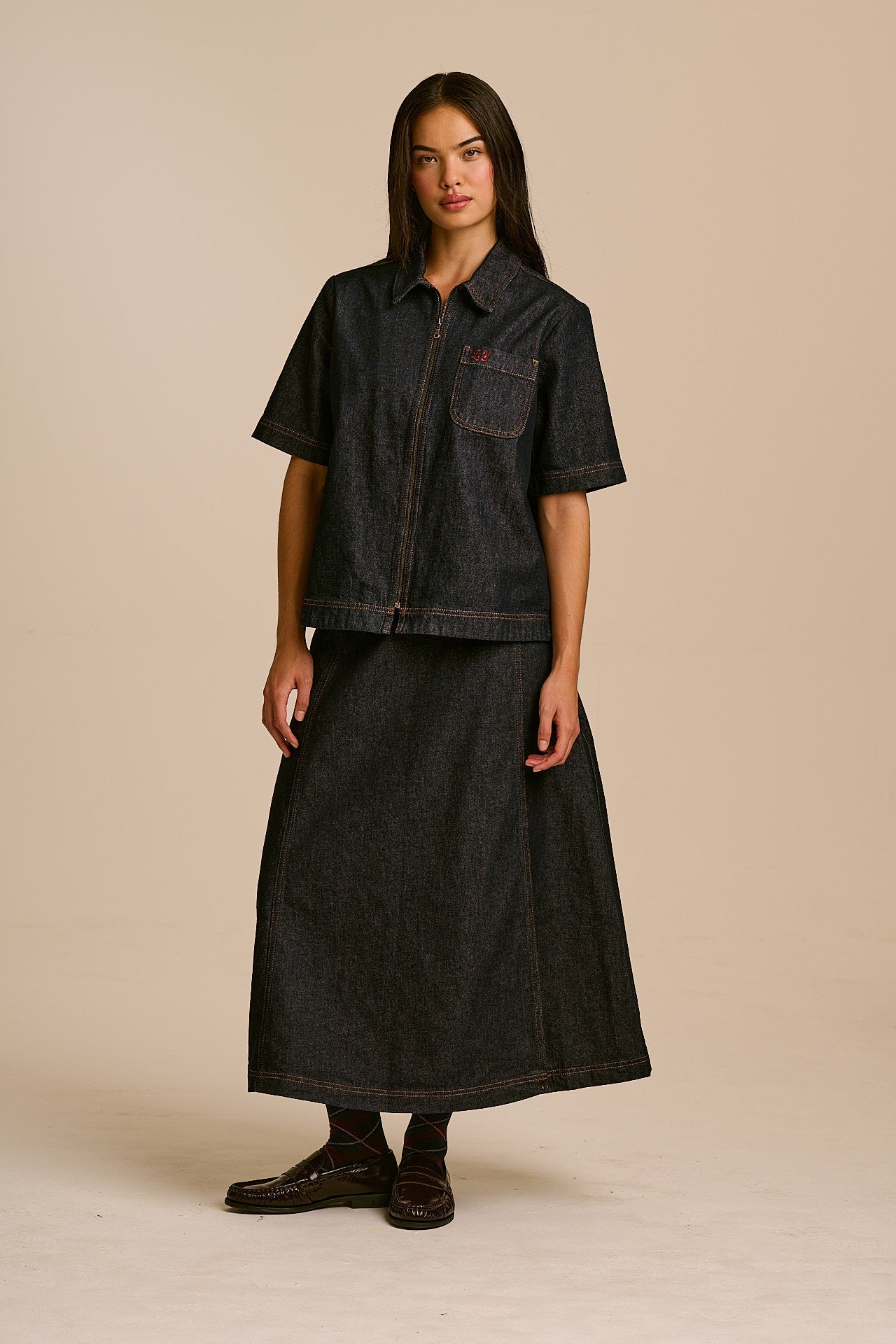 Elio - Denim Zip Through Shirt in Indigo Denim