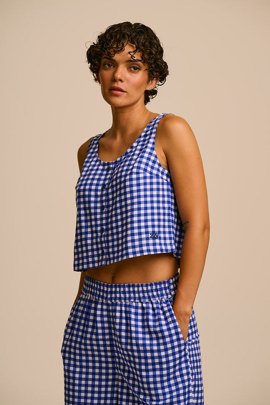 Etoile - Cotton Button Up Tank in Blue Check
