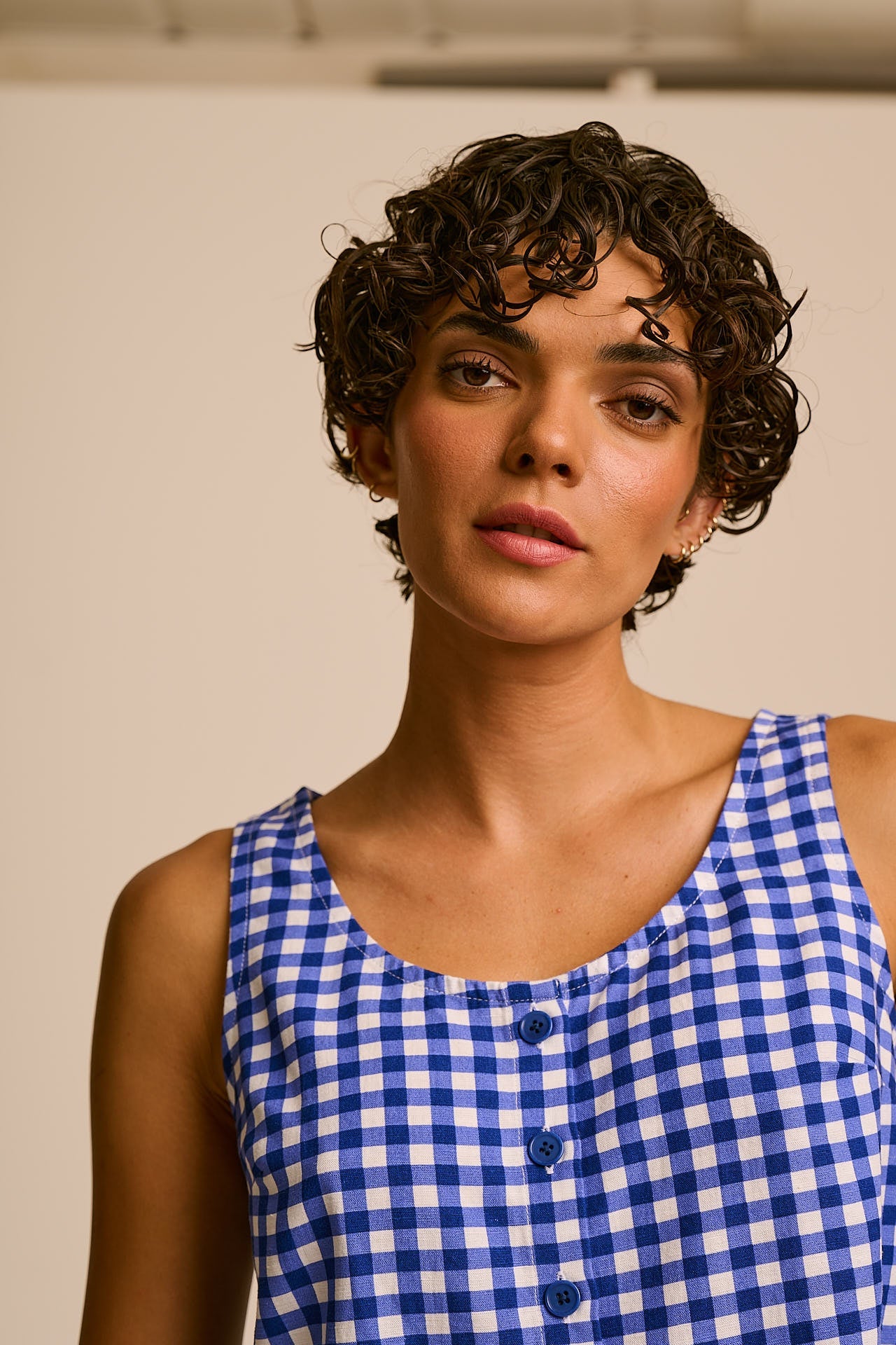 Etoile - Cotton Button Up Tank in Blue Check