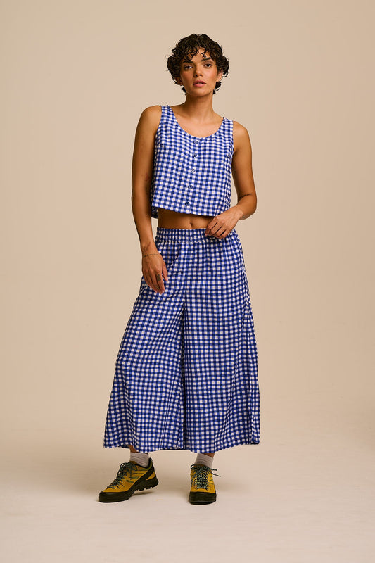 Chase - Viscose Culotte Trousers in Blue Check