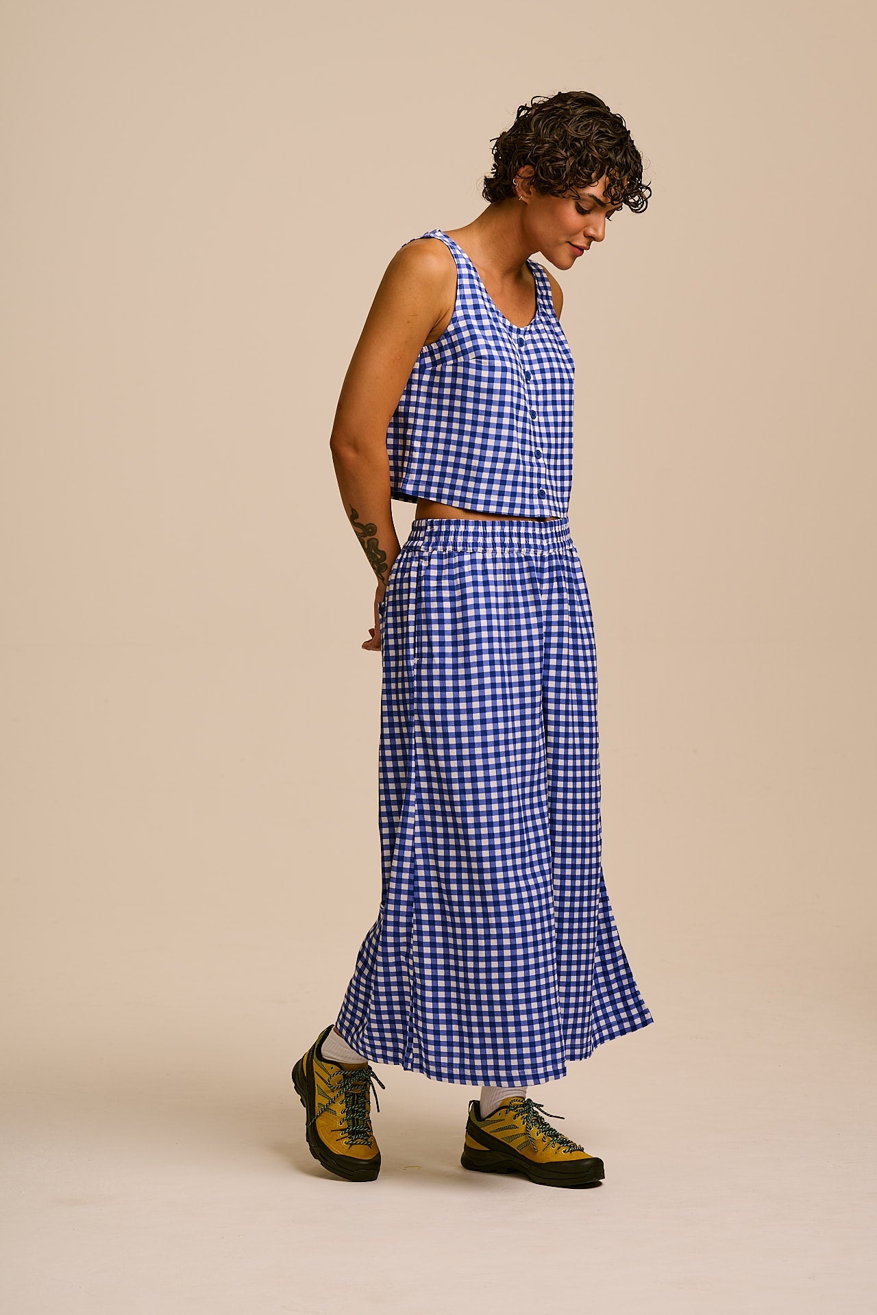 Chase - Viscose Culotte Trousers in Blue Check
