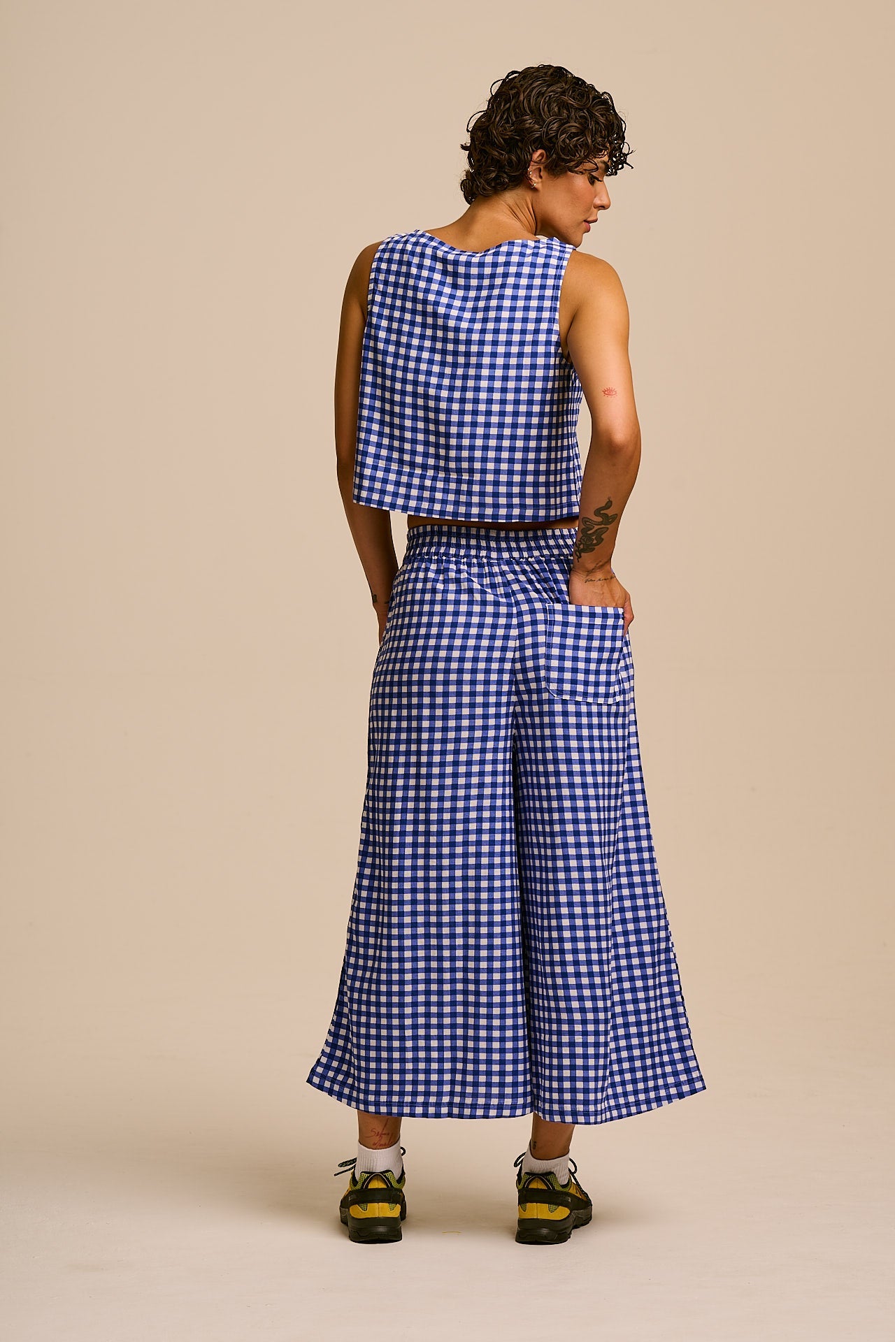 Chase - Viscose Culotte Trousers in Blue Check