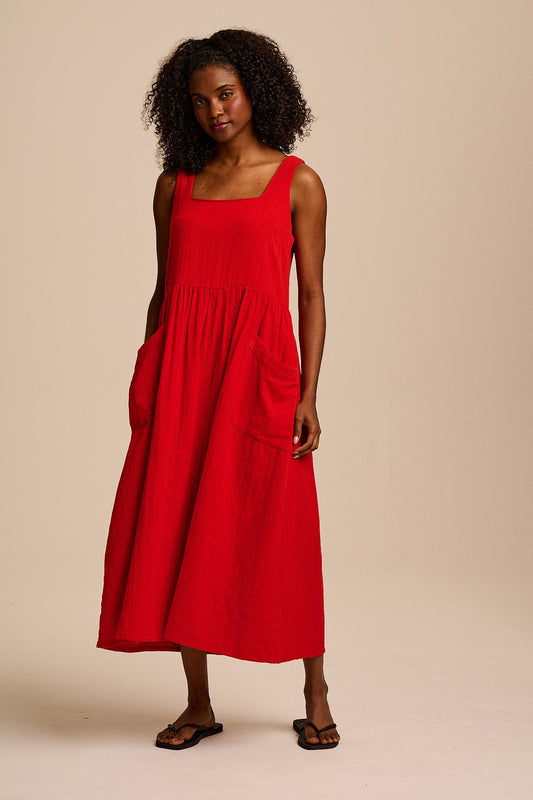 Florie - Cotton Midi Dress in Red