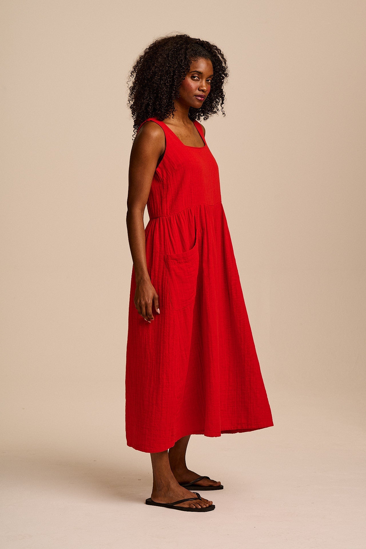 Florie - Cotton Midi Dress in Red