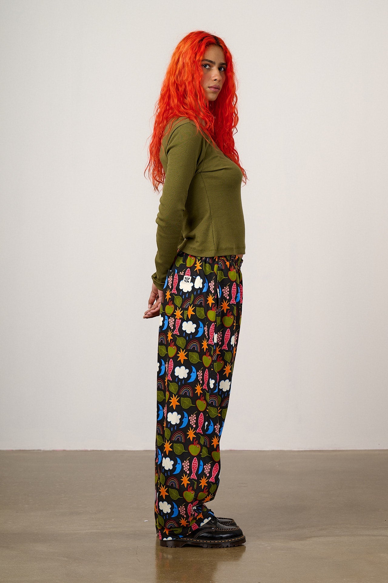 Freddie - Barrel Leg Cotton Jersey Trouser in Naive Shapes Print