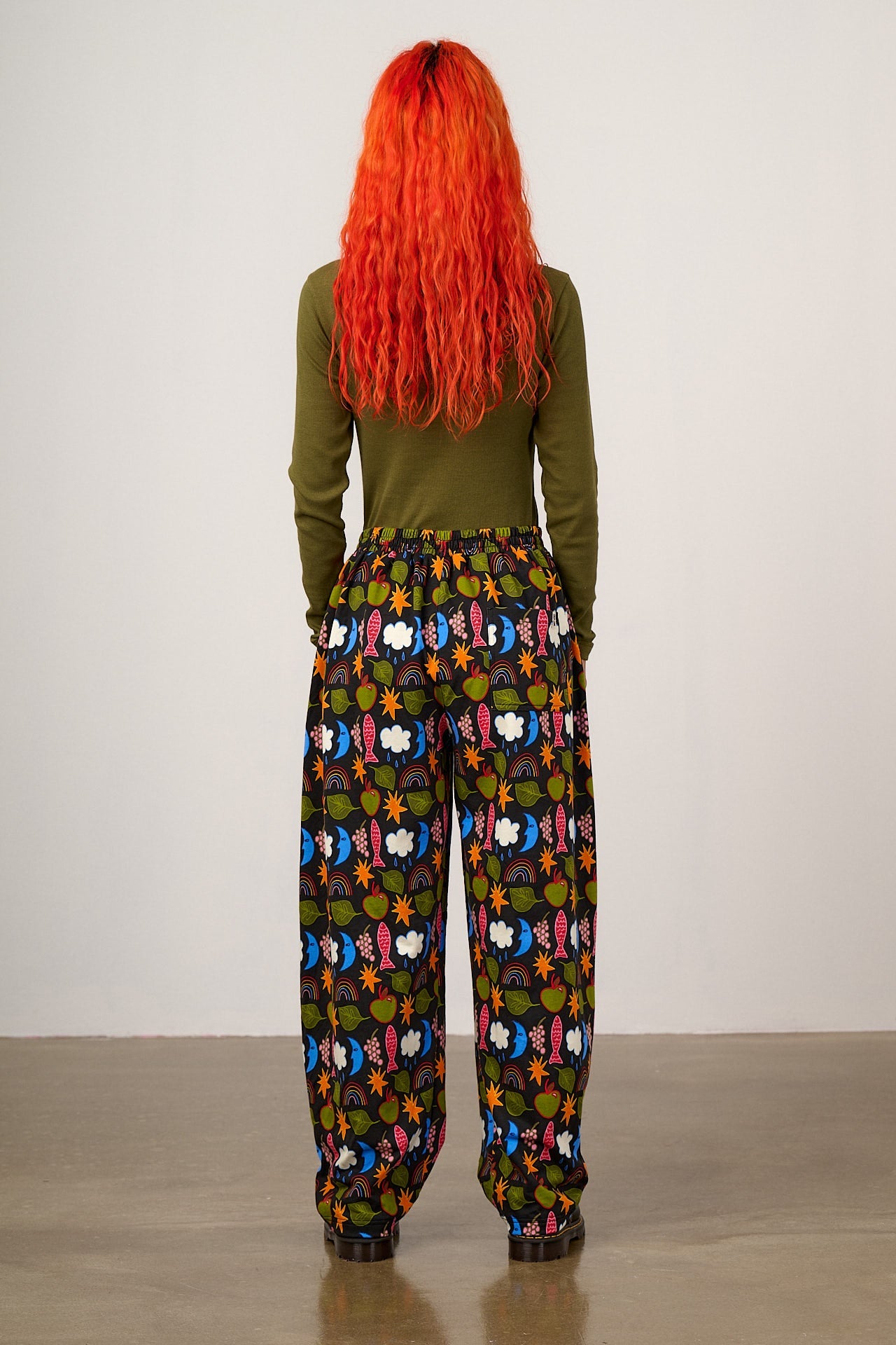 Freddie - Barrel Leg Cotton Jersey Trouser in Naive Shapes Print