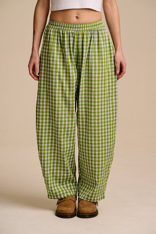 Freddie - Barrel Leg Cotton Trousers in Green & White Tulip Gingham