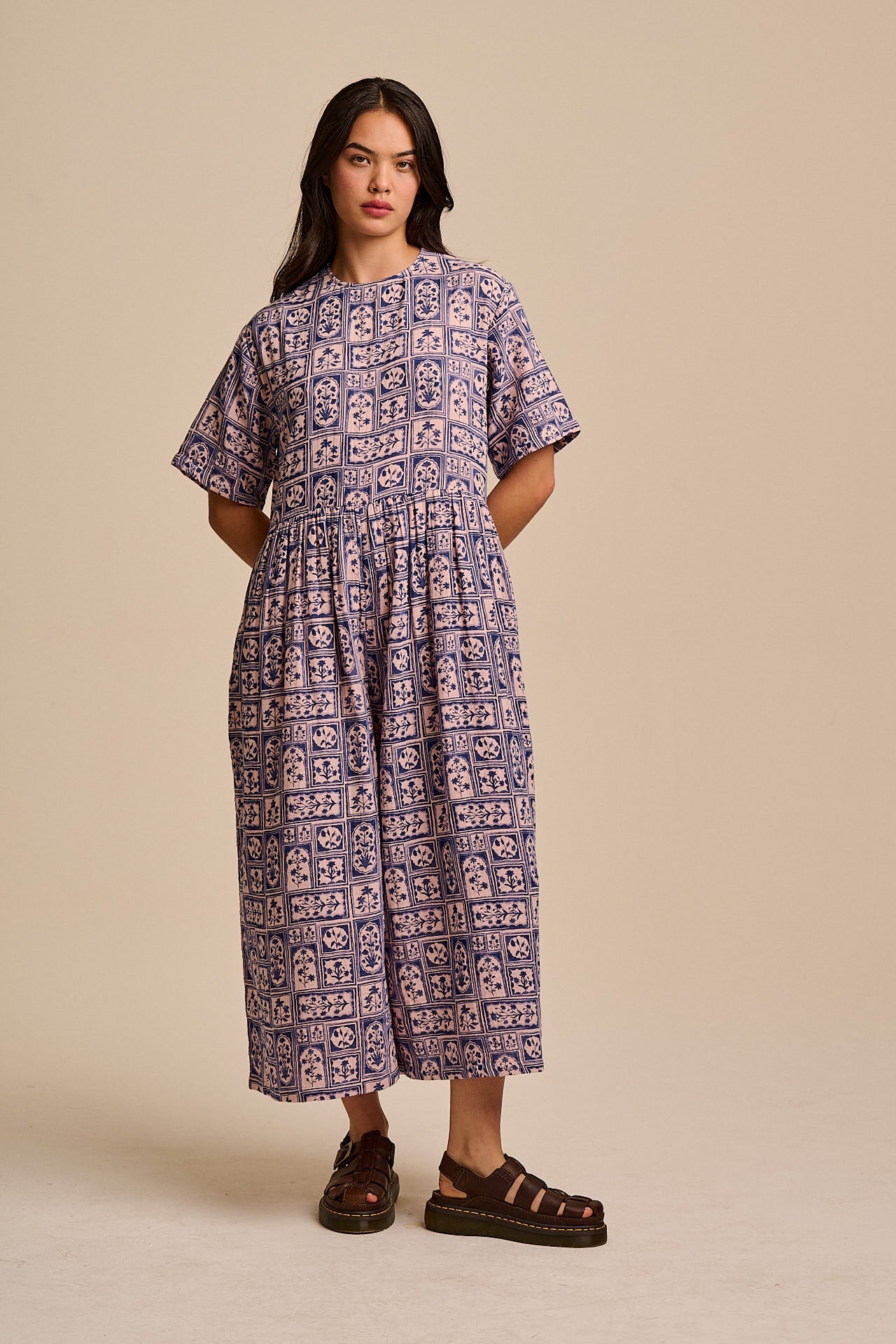 George - Cotton Jumpsuit in Blue & Pink Walled Blooms