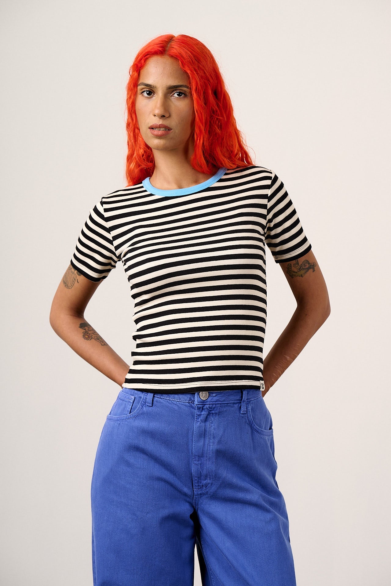 Gracie - Cotton T-Shirt in Black & White Stripe