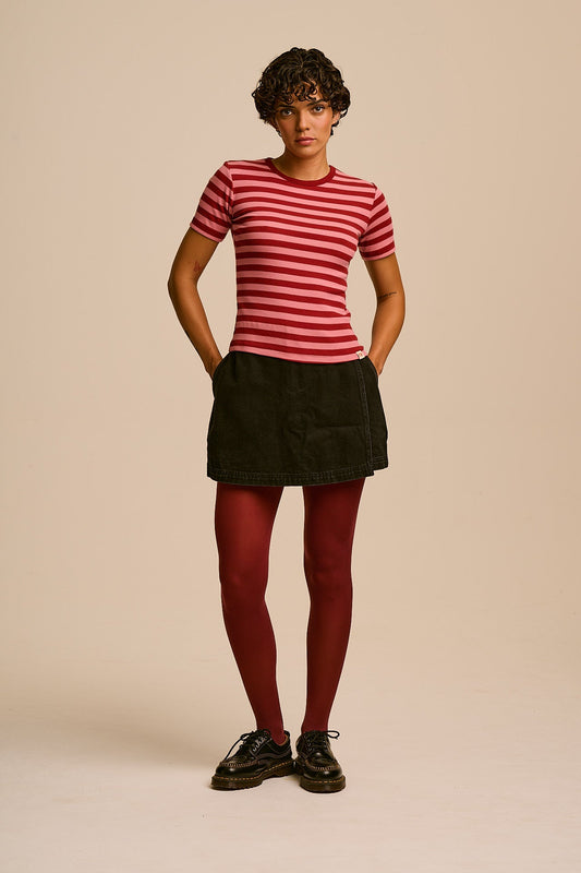 Gracie - Cotton T-Shirt in Pink & Maroon Stripe