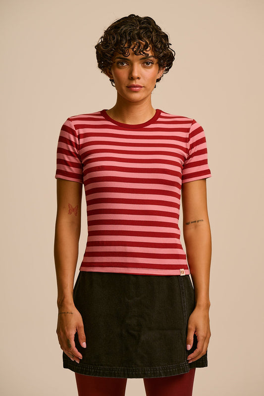 Gracie - Cotton T-Shirt in Pink & Maroon Stripe