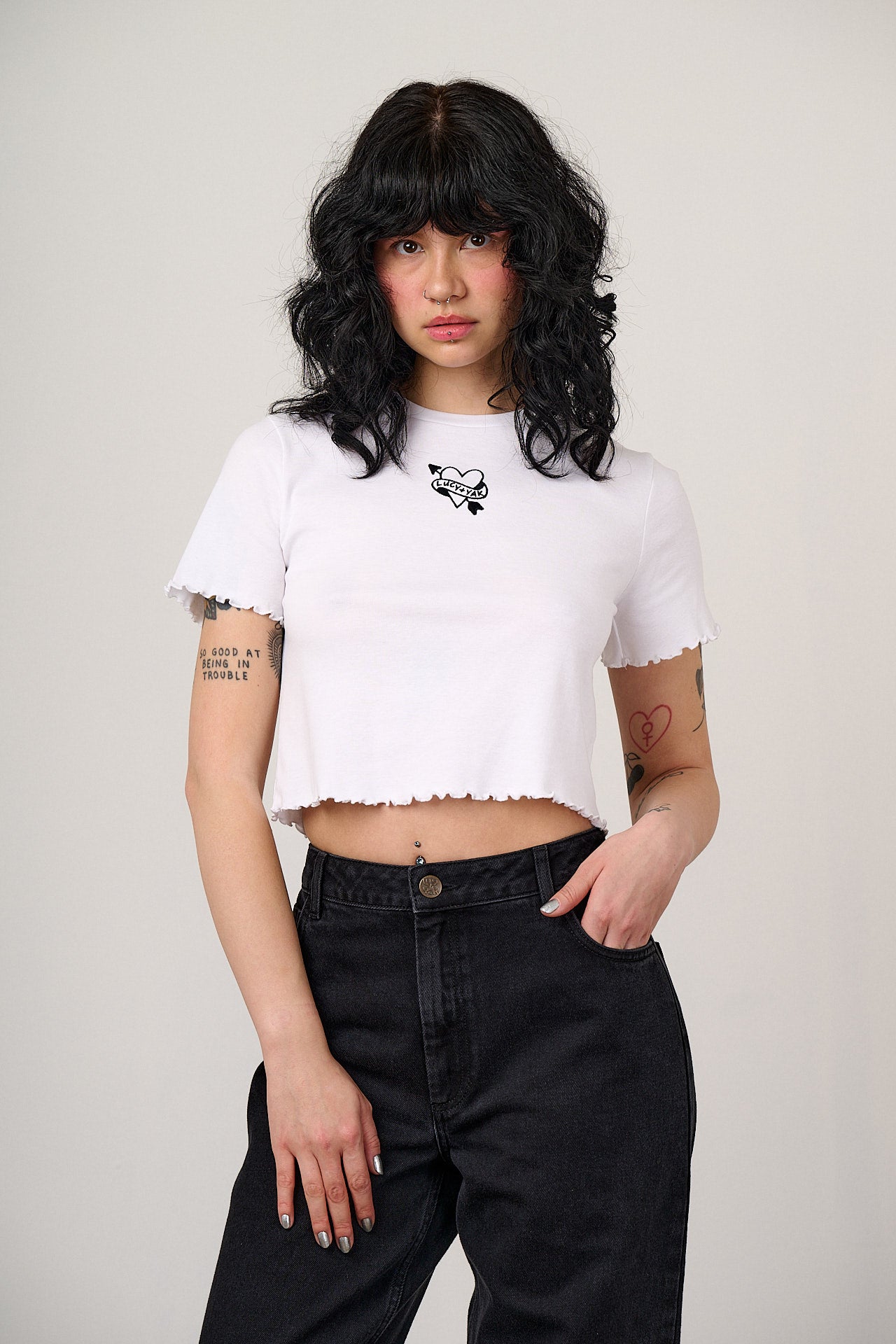 Greta - Cropped Cotton Top in White with Tattoo Heart Embroidery