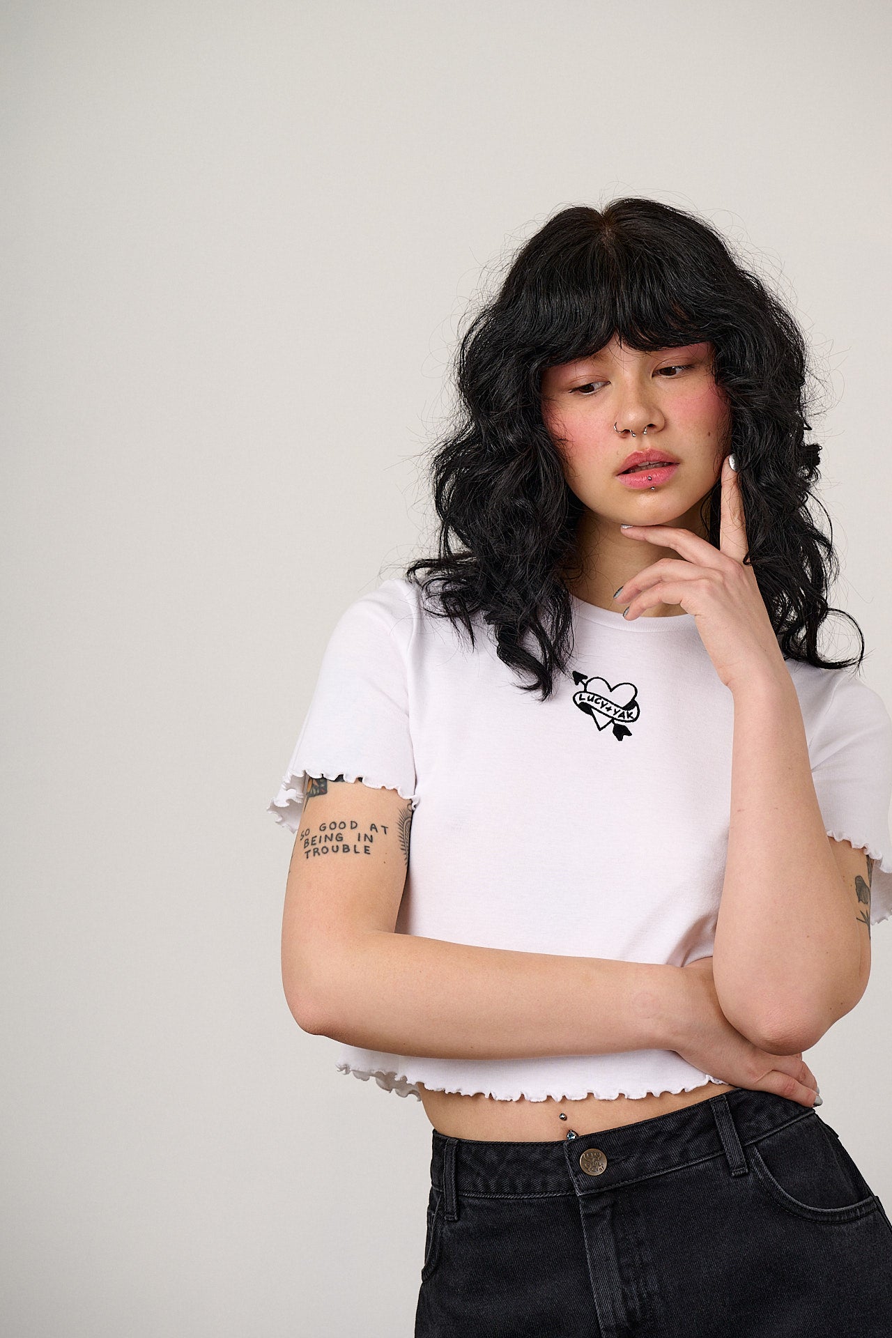 Greta - Cropped Cotton Top in White with Tattoo Heart Embroidery
