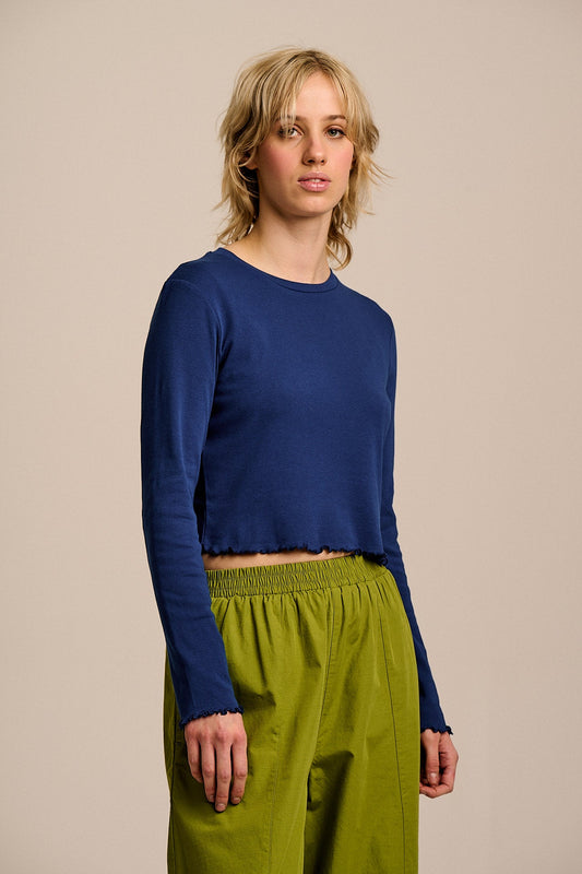 Hansel - Long Sleeve Cotton Jersey Crop Top in Navy