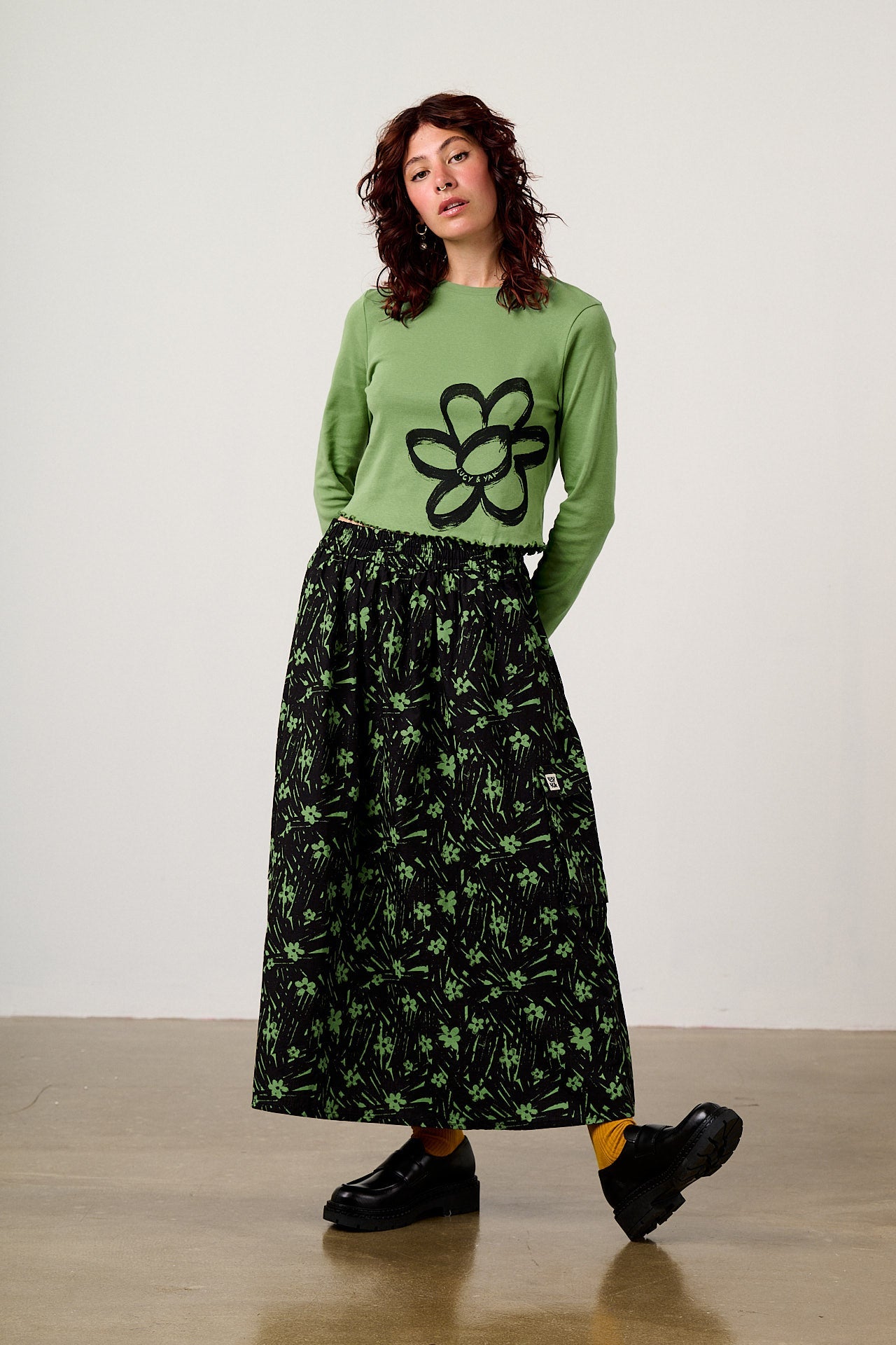 Hansel - Long Sleeve Cotton Crop Top in Green Scribble Floral