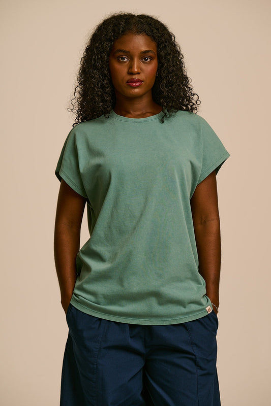 Inessa - Cotton Cap Sleeve T-Shirt in Washed Green