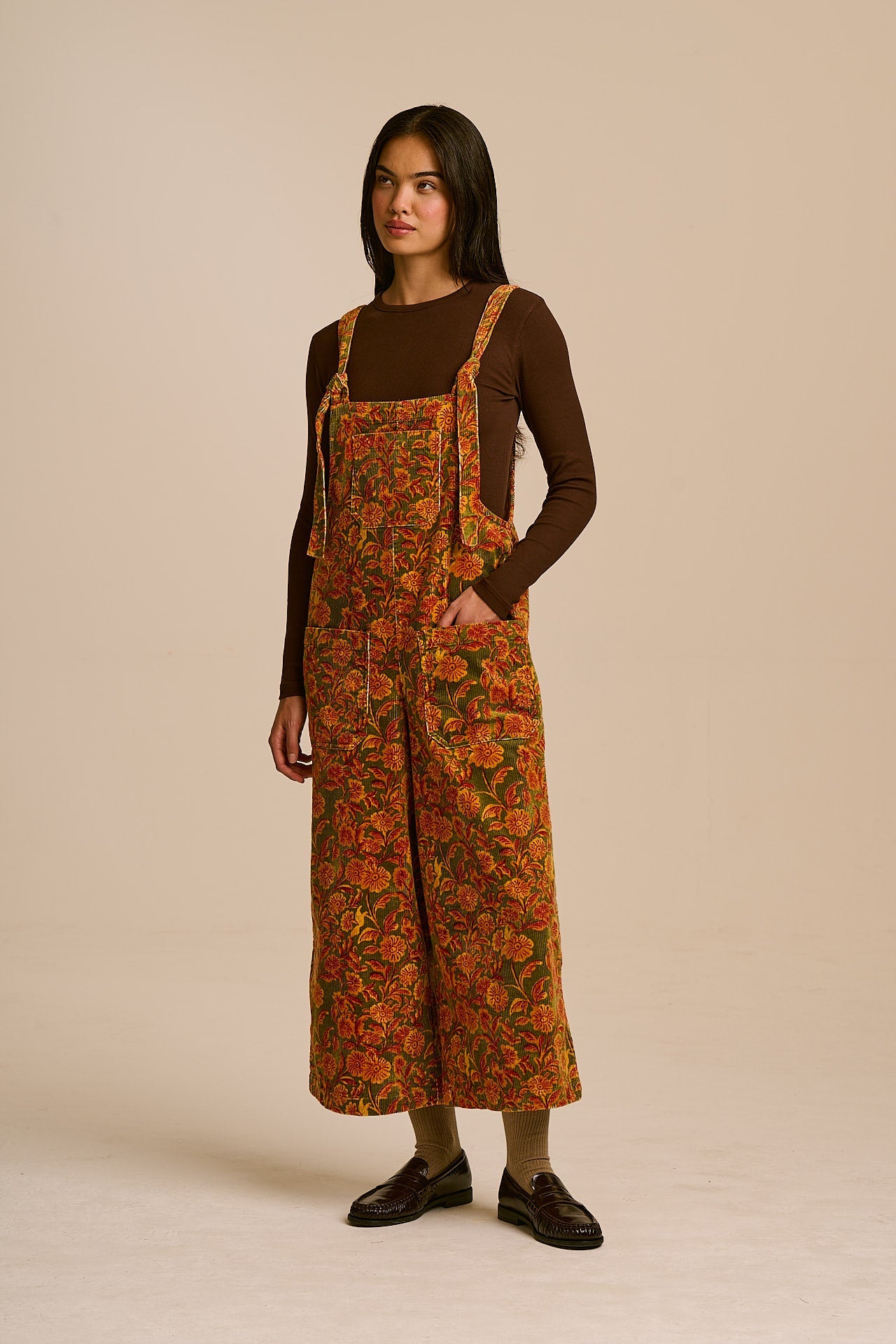 Jenny - Wide Leg Corduroy Dungaree in Green Palace Floral