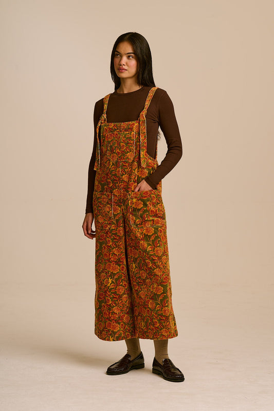 Jenny - Wide Leg Corduroy Dungaree in Green Palace Floral