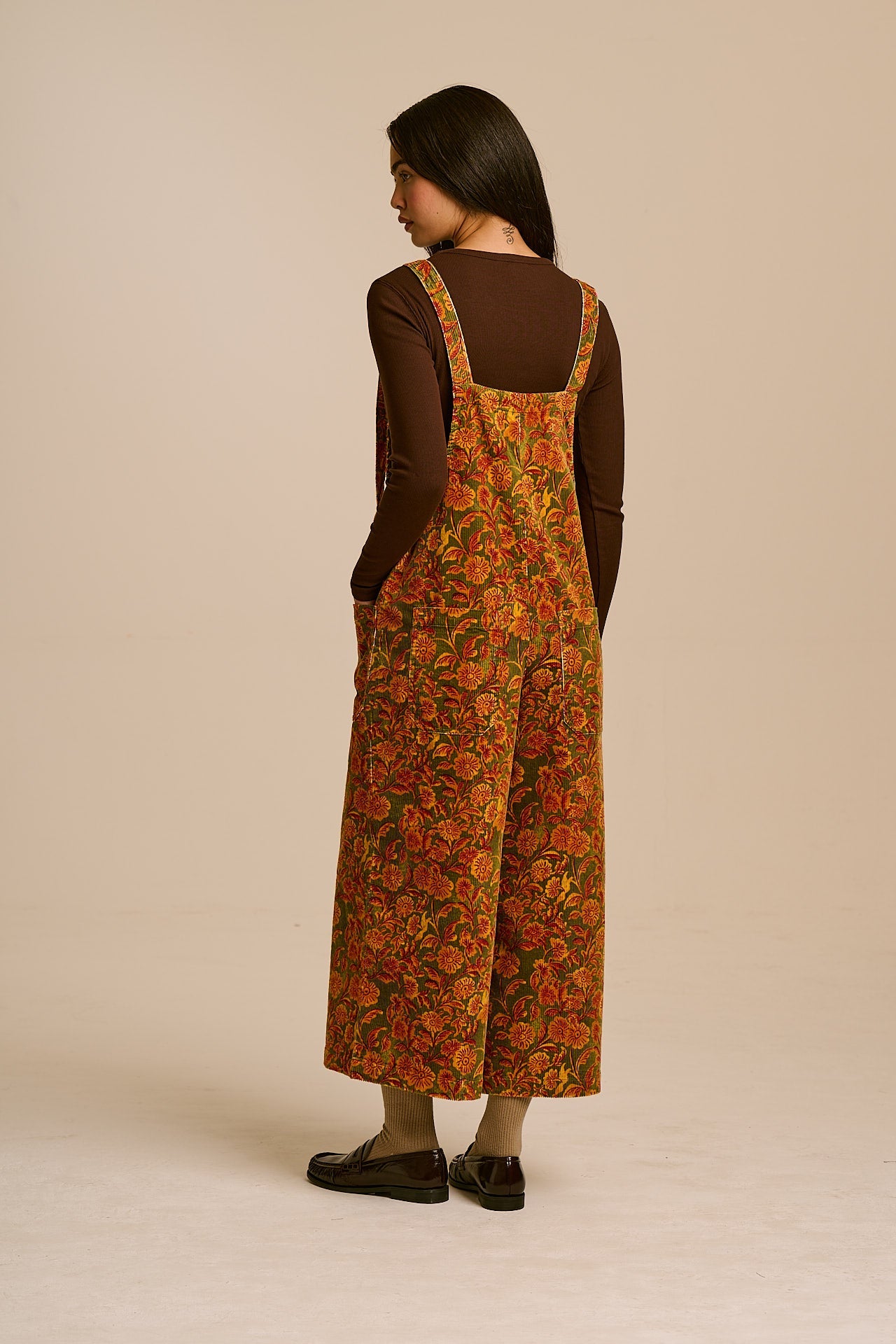 Jenny - Wide Leg Corduroy Dungaree in Green Palace Floral