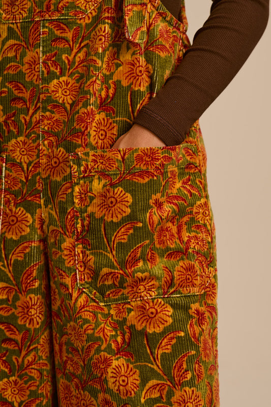 Jenny - Wide Leg Corduroy Overall in Green Palace Floral