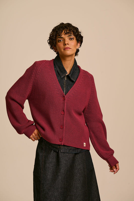 Juniper - Cotton Knit Cardigan in Burgundy