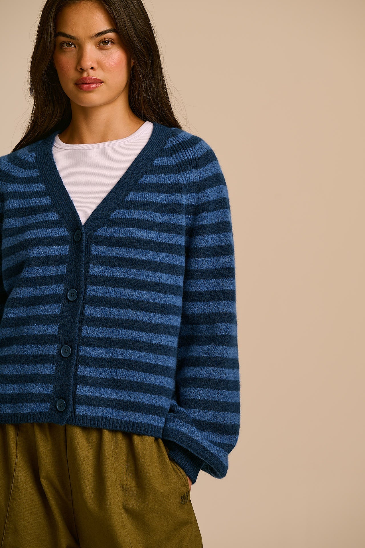 Juniper - RWS Wool Knitted Cardigan in Blue Stripe