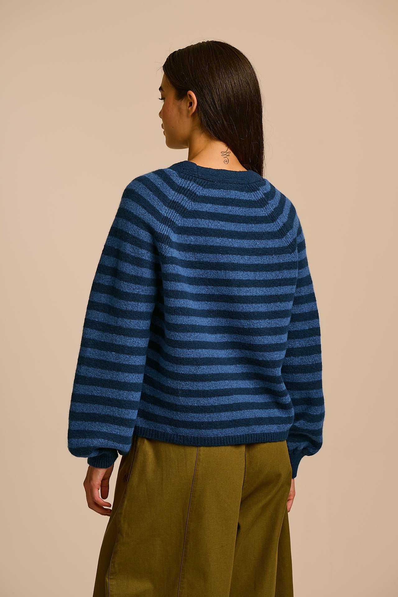 Juniper - RWS Wool Knitted Cardigan in Blue Stripe