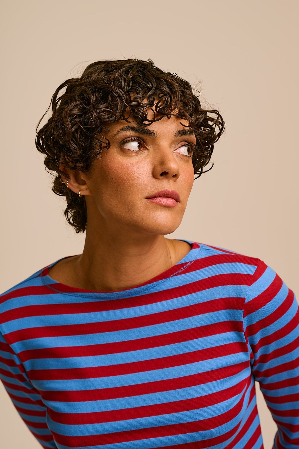 Laia Breton - Long Sleeve Boat Neck Cotton Top in Burgundy and Blue Stripe