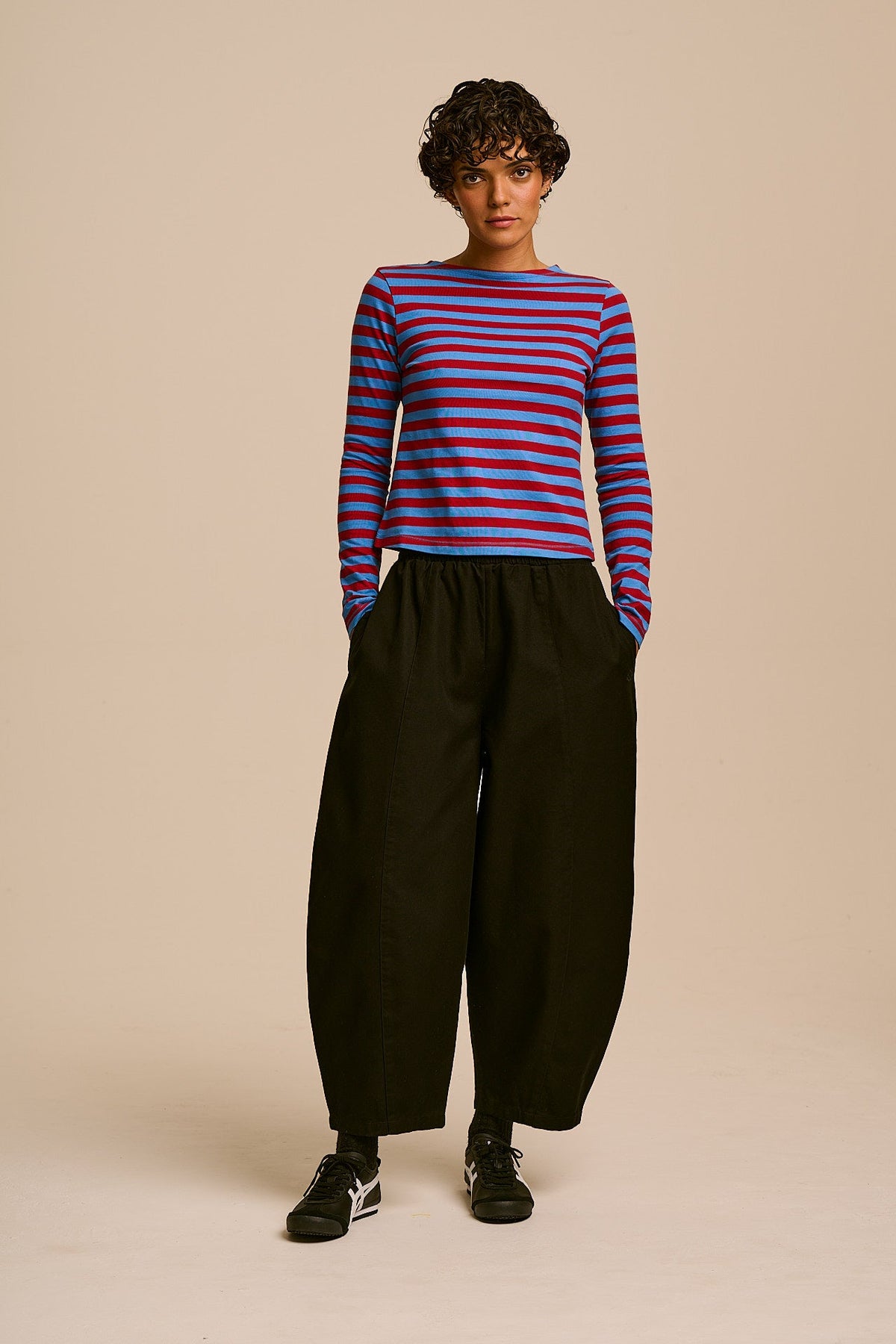 Laia Breton - Long Sleeve Boat Neck Cotton Top in Burgundy and Blue Stripe