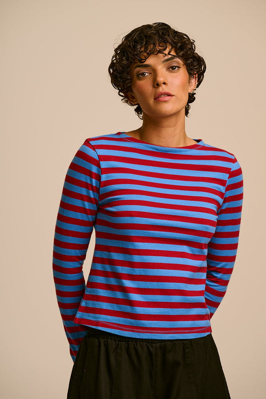 Laia Breton Long Sleeve Boat Neck Top - Organic Cotton in Burgundy and Blue Stripe