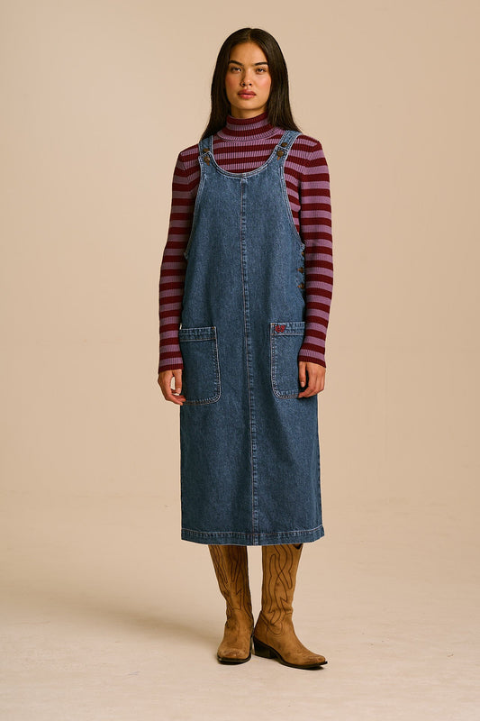 Lily Pinafore Midi Dress - Organic Cotton Denim in Mid Wash
