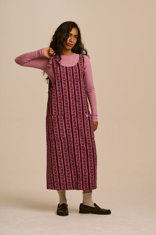 Lily - Organic Cotton Midi Dress in Folk Floral Stripe