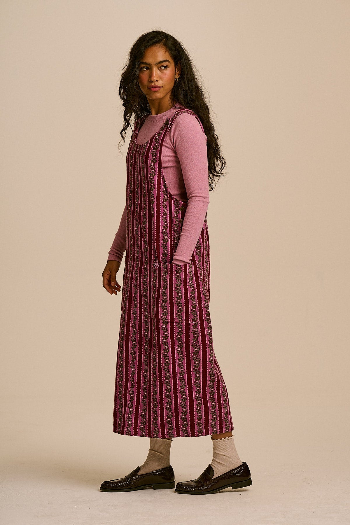 Lily - Organic Cotton Midi Dress in Folk Floral Stripe