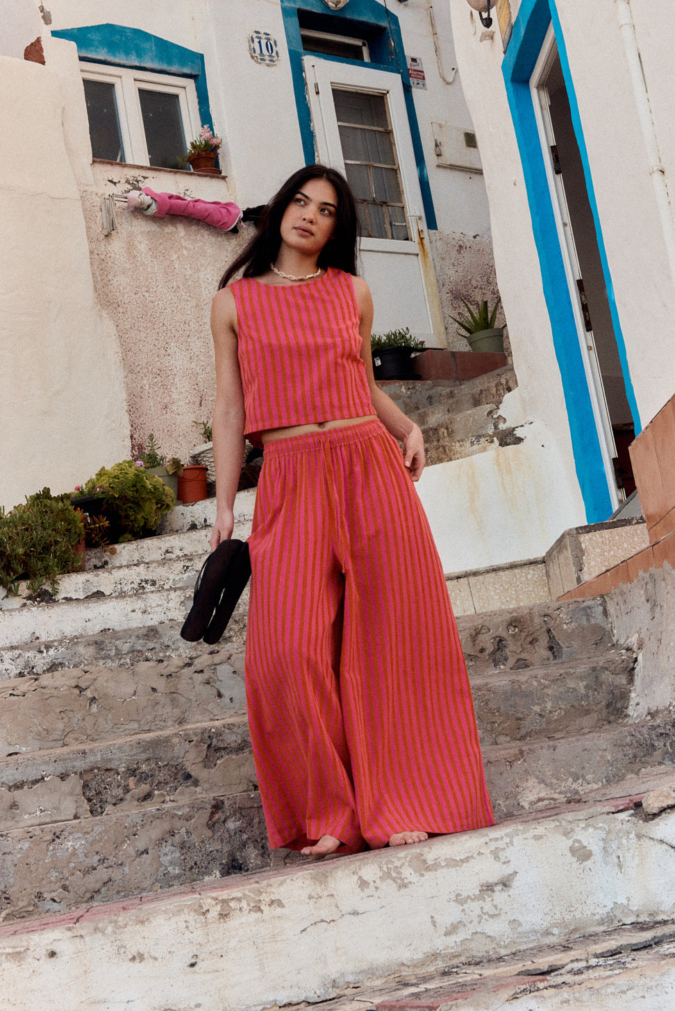 Aster - Cotton & Linen Trousers in Pink & Orange Stripe