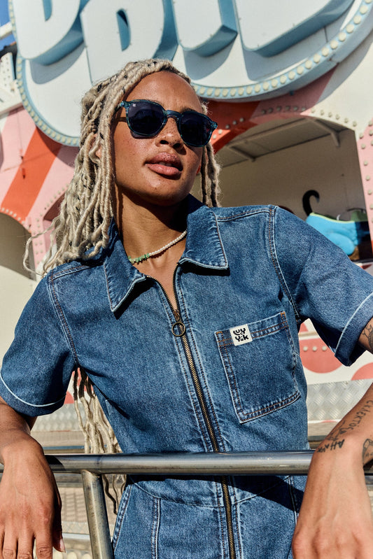 Ragan - Denim Jumpsuit in New Mid Wash Blue