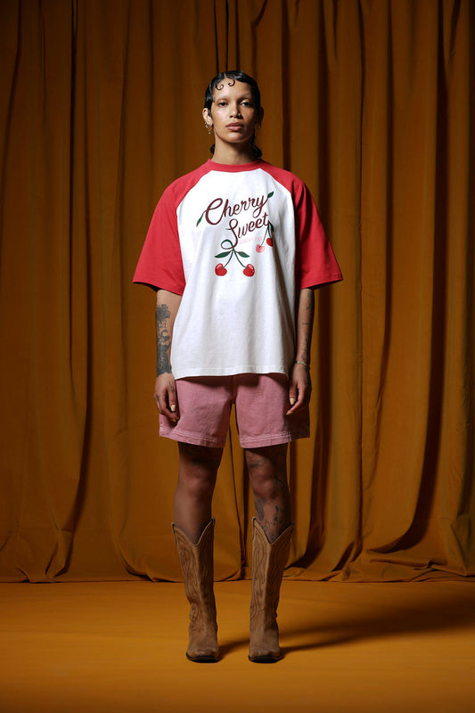 Bradley - Oversized Cotton Raglan T-Shirt in Cherry Sweet Print