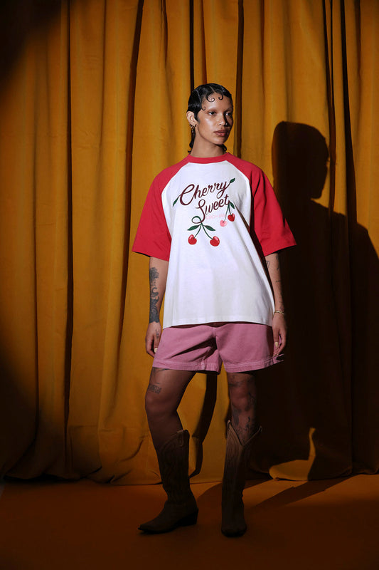 Bradley - Oversized Cotton Raglan T-Shirt in Cherry Sweet Print