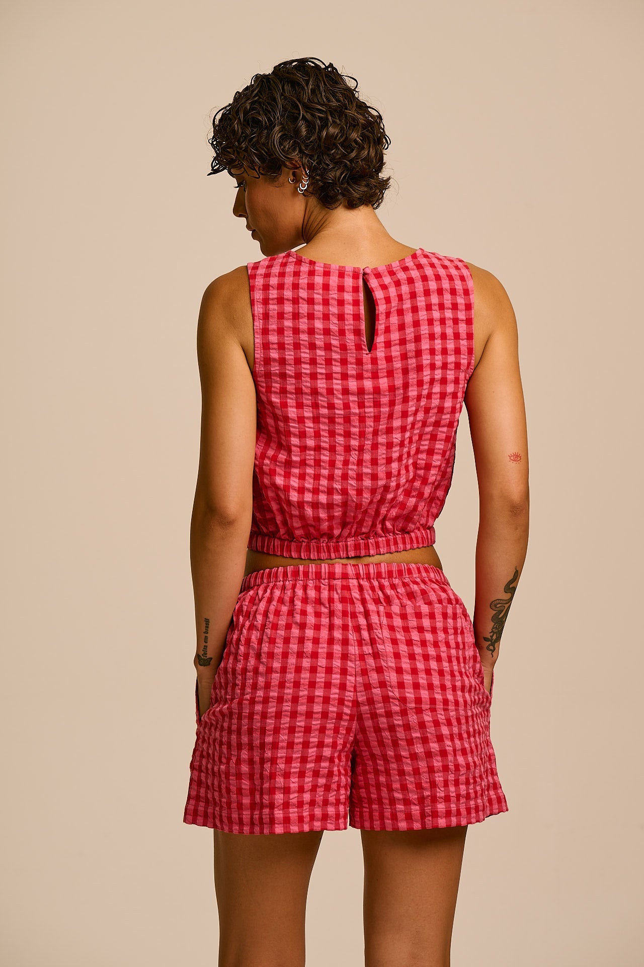 Popan - Cotton Shorts in Pink & Red Check