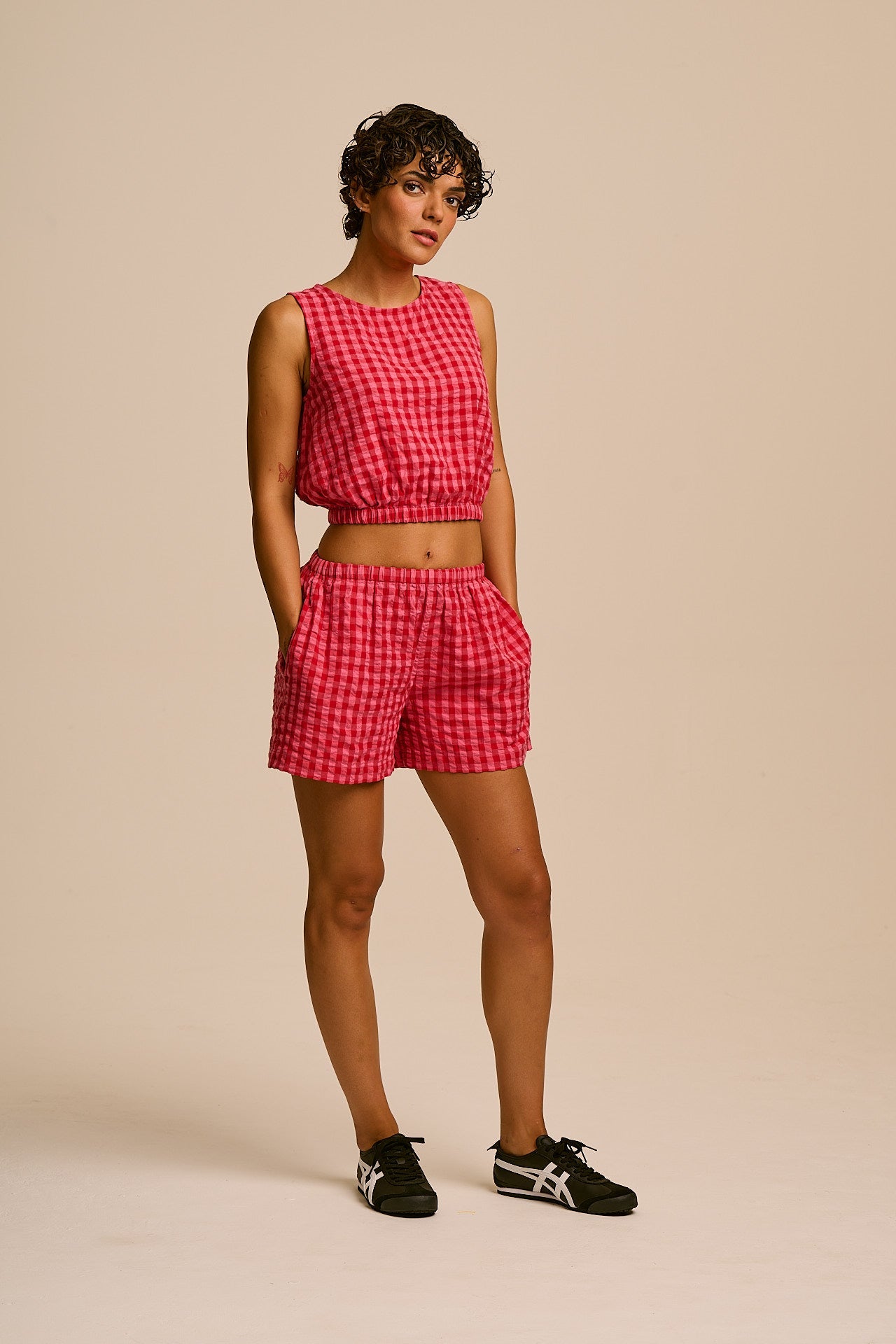 Popan - Cotton Shorts in Pink & Red Check