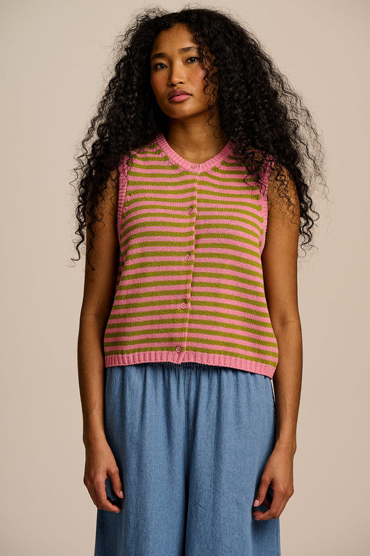 Lynne - Cotton Knitted Tank in Green & Pink Stripe