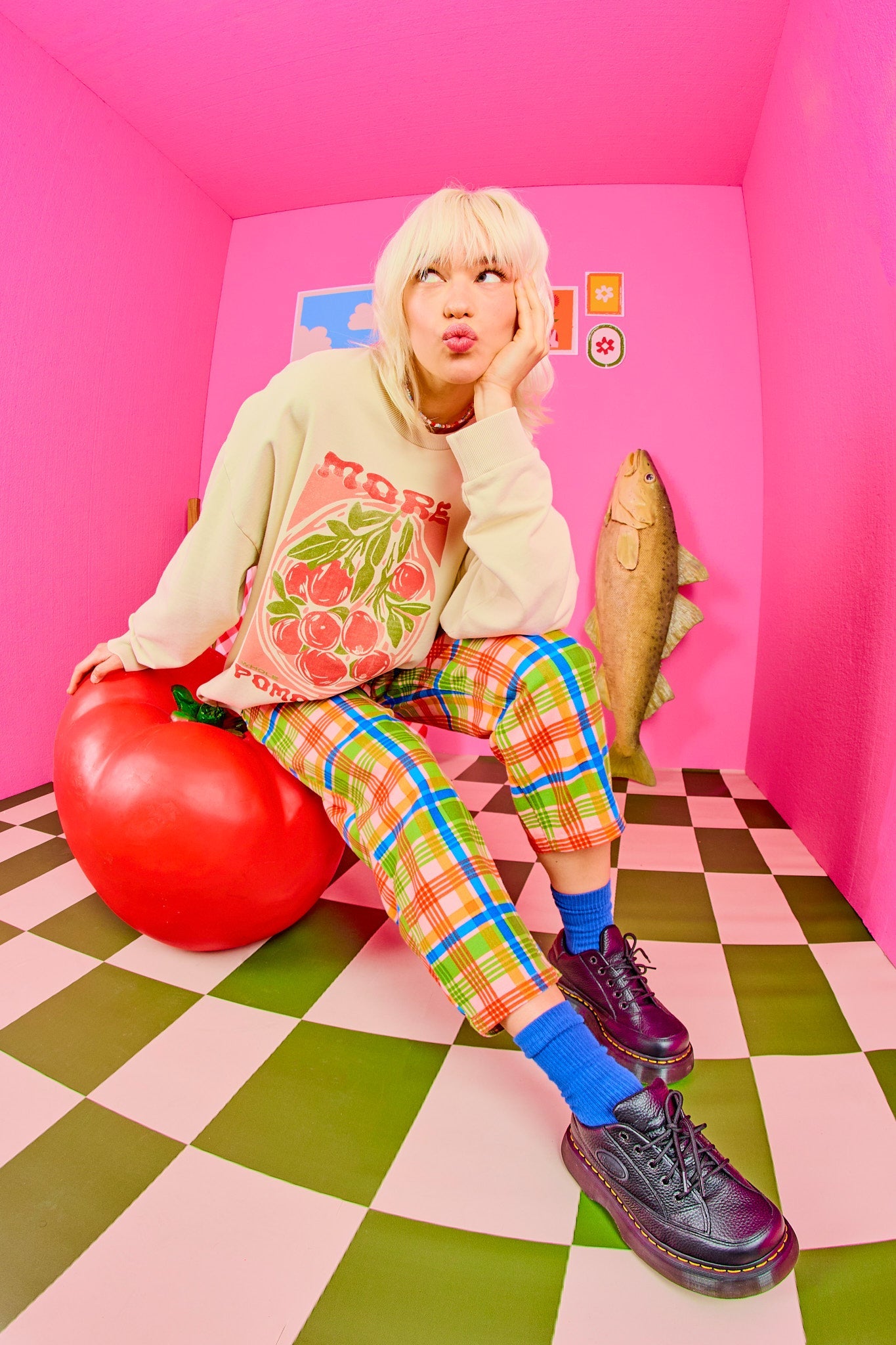 Drew - Cropped Straight Leg Cotton Trousers in Kitchen Check