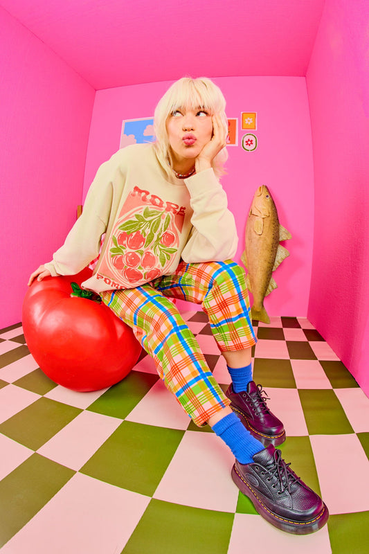 Drew - Cropped Straight Leg Cotton Trousers in Kitchen Check