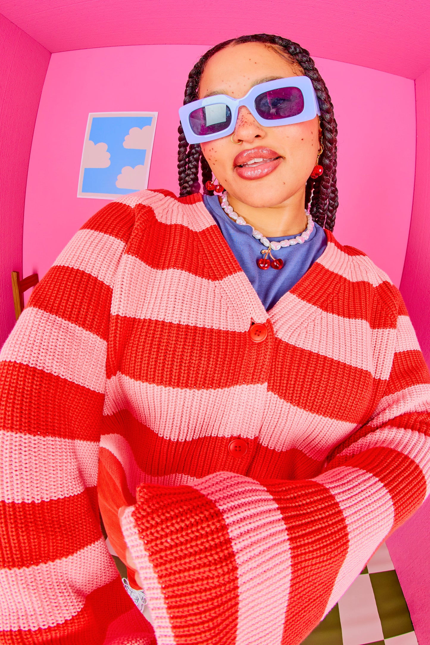 Robyn - V-Neck Cotton Cardigan in Pink & Red Stripe