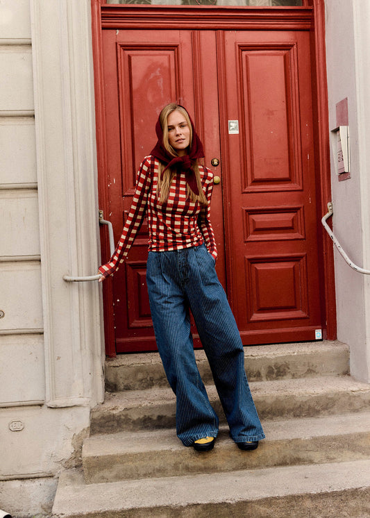 Cole -  Wide Leg Cotton Jeans in Pinstripe